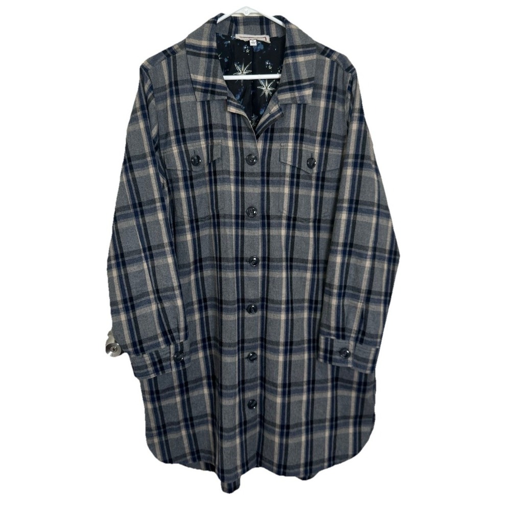 Johnny‎ Was Workshop Starry Coat Windowpane Gray/Blue Plaid Cotton Silk Sz XL